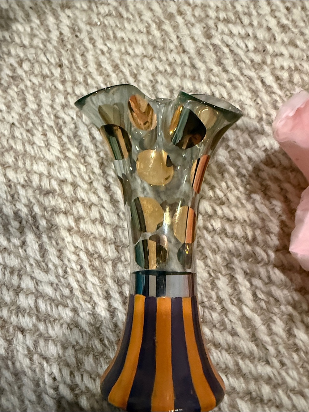 Handblown Glass Vase with Gold Polka Dots and Navy Stripes